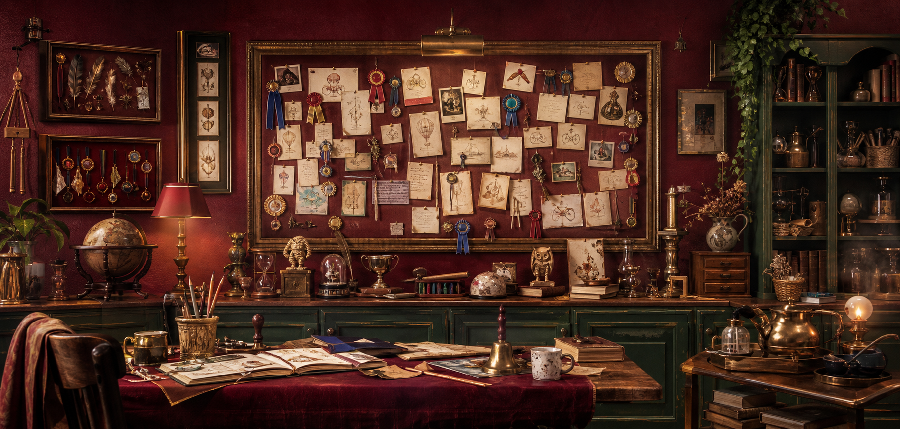 A warmly lit Academy common room filled with challenge artifacts, ribbons, field notes, brewing tools, and playful trophies