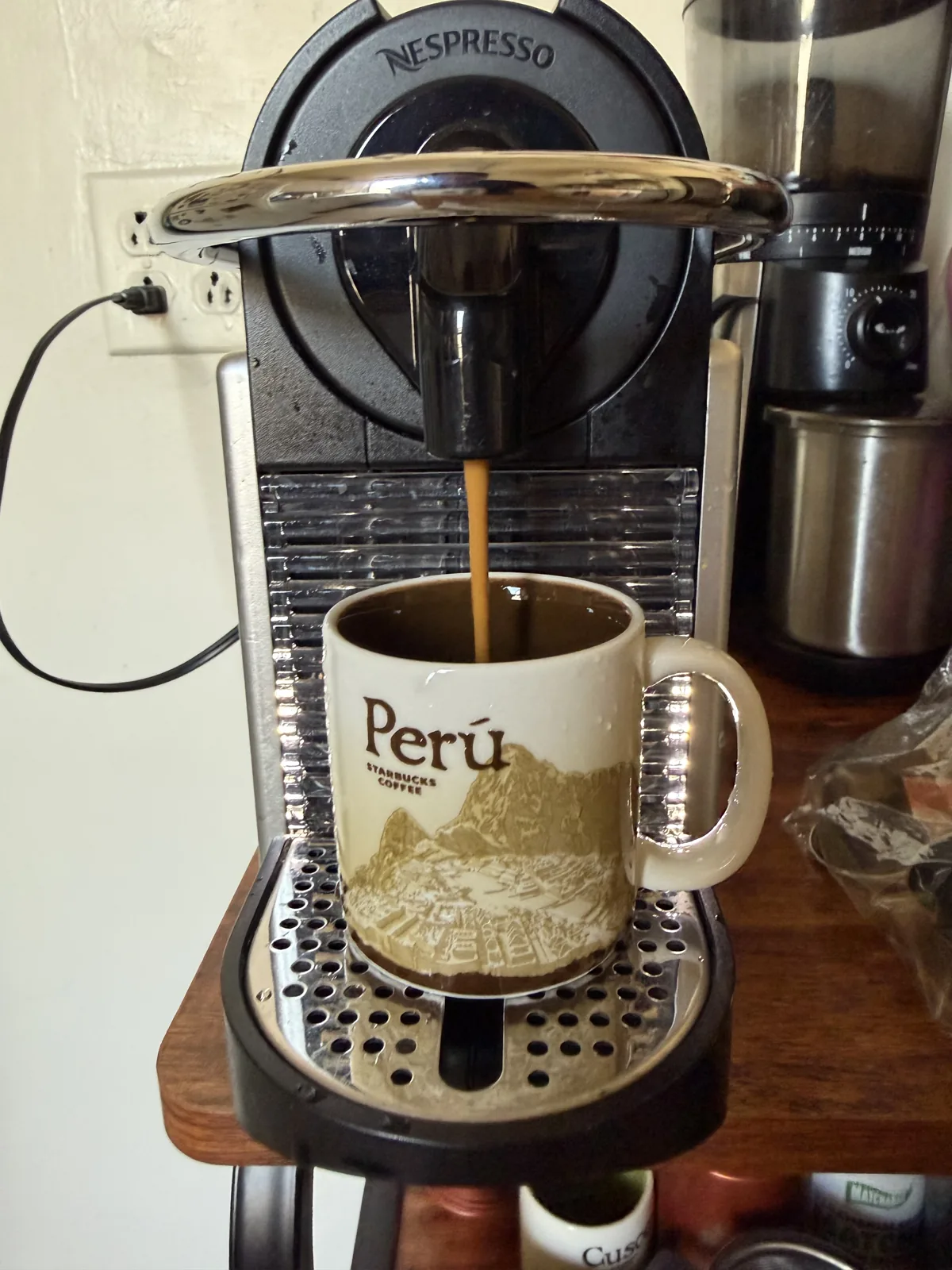 Lily’s espresso cortado beside the new brewing setup