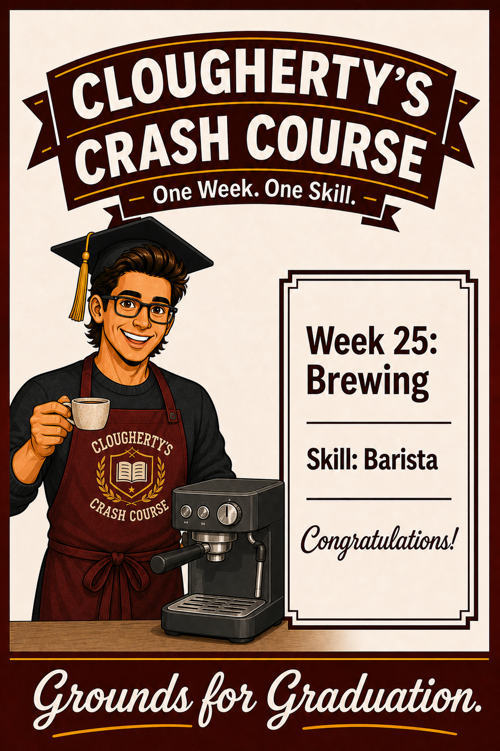 Illustrated Week 25 Brewing challenge with a barista holding a mug beside three ways to participate