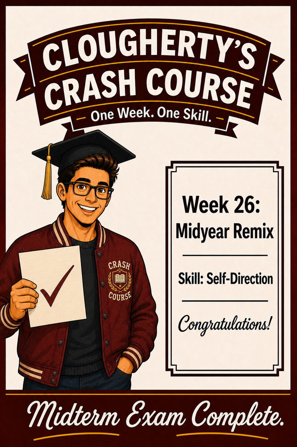 Illustrated Week 26 Midyear Remix challenge with a three-way signpost for catching up, running it back, or going wild
