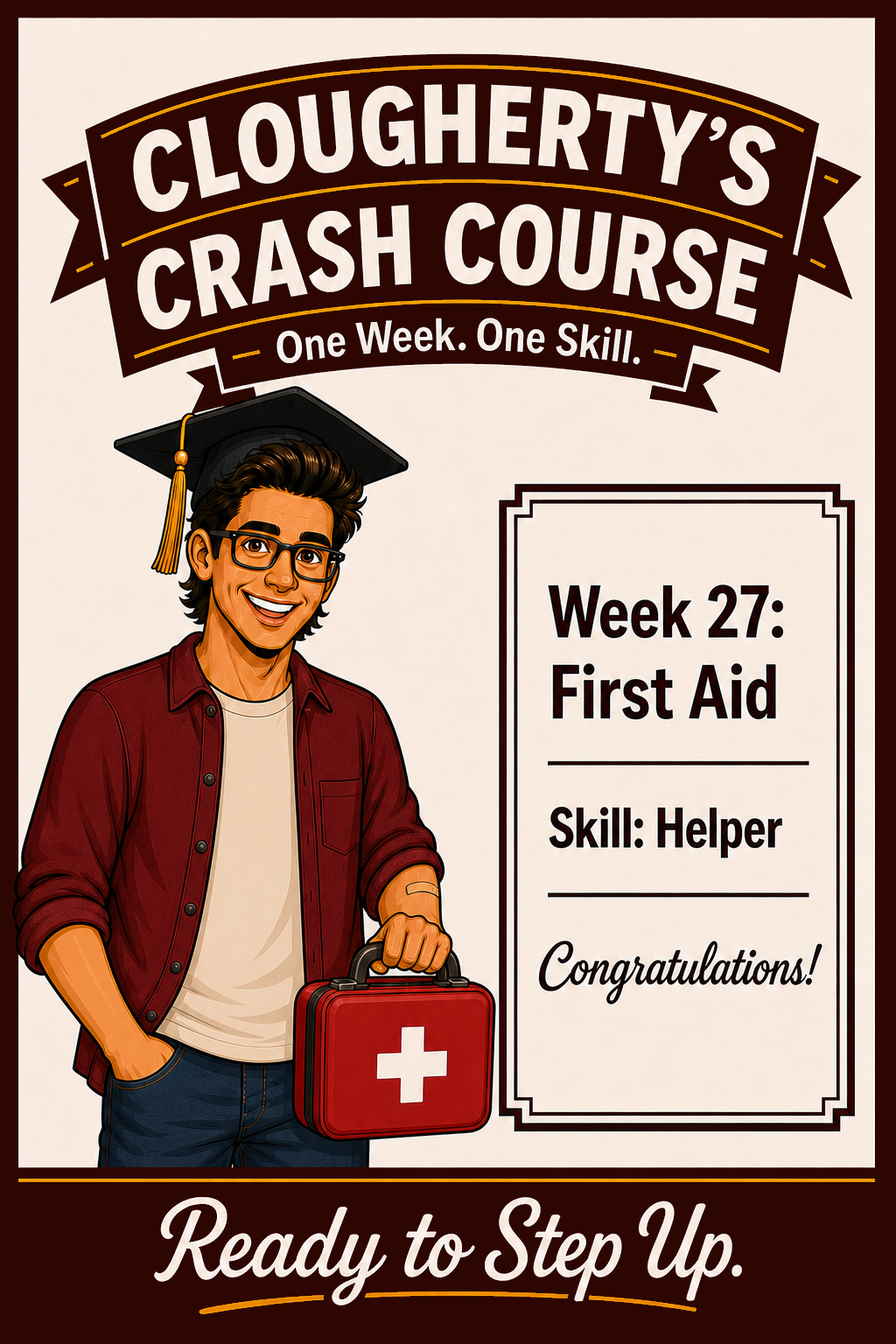 Illustrated Week 27 First Aid challenge with John beside a first-aid kit and emergency-call phone