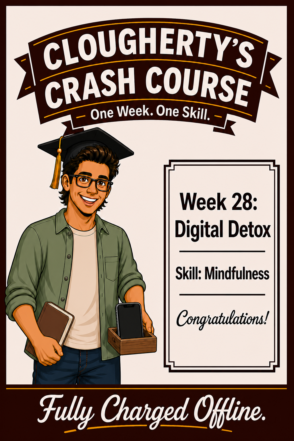 Illustrated Week 28 Digital Detox challenge with John placing his phone in a wooden rest box beside a book