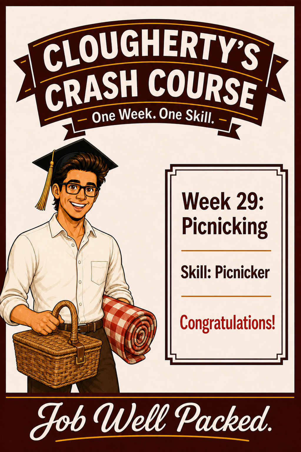 Illustrated Week 29 Picnicking challenge with John holding an apple and a wicker picnic basket