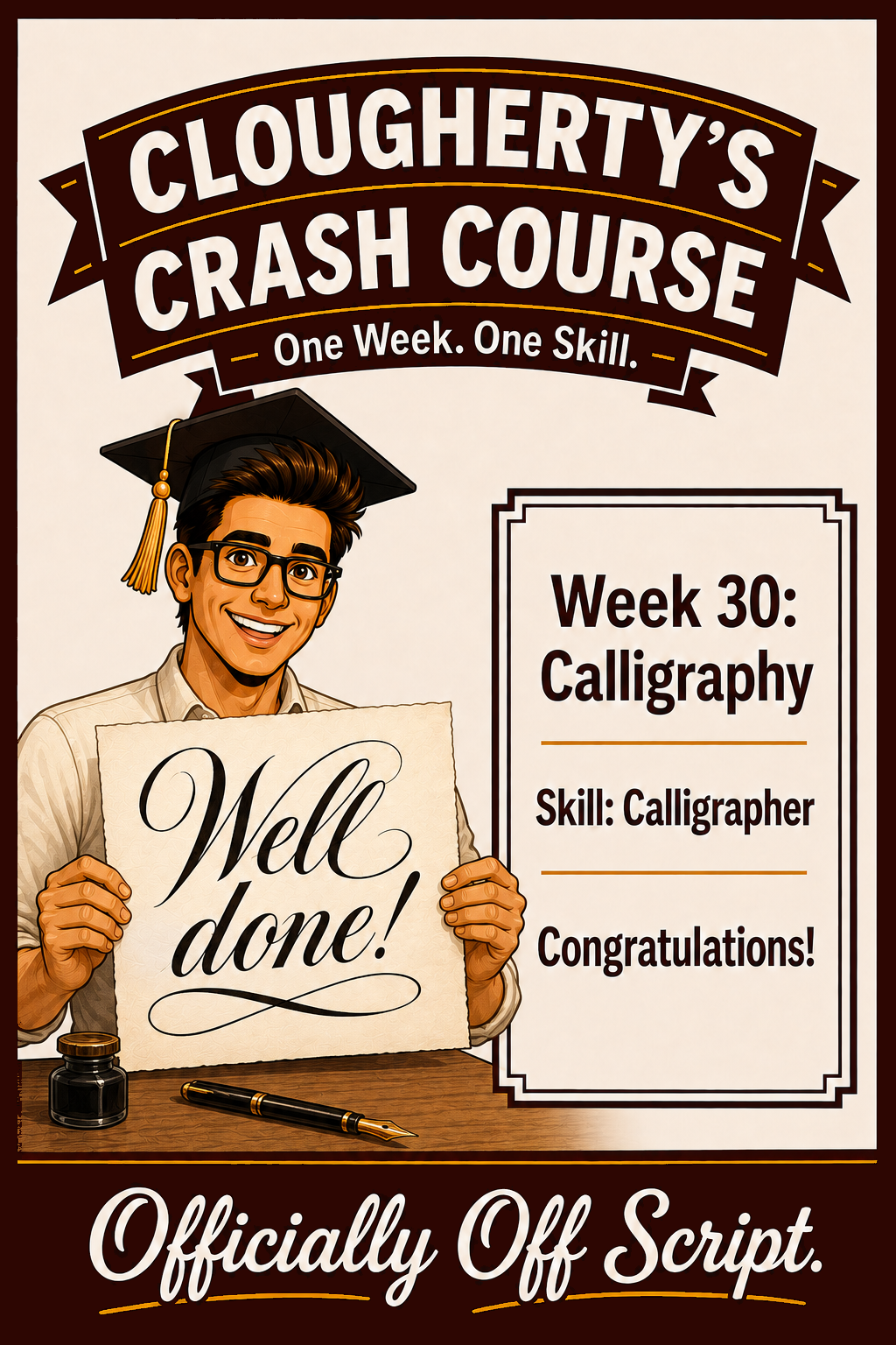 Illustrated Week 30 Calligraphy challenge with John practicing letterforms at a desk
