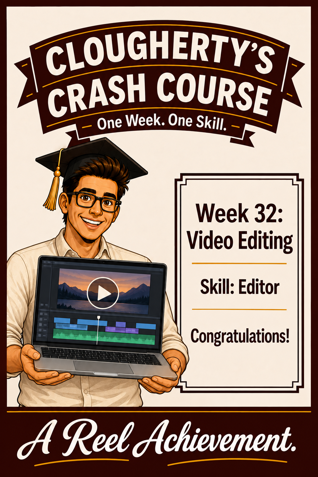 Illustrated Week 32 Video Editing challenge with John arranging clips on a laptop timeline