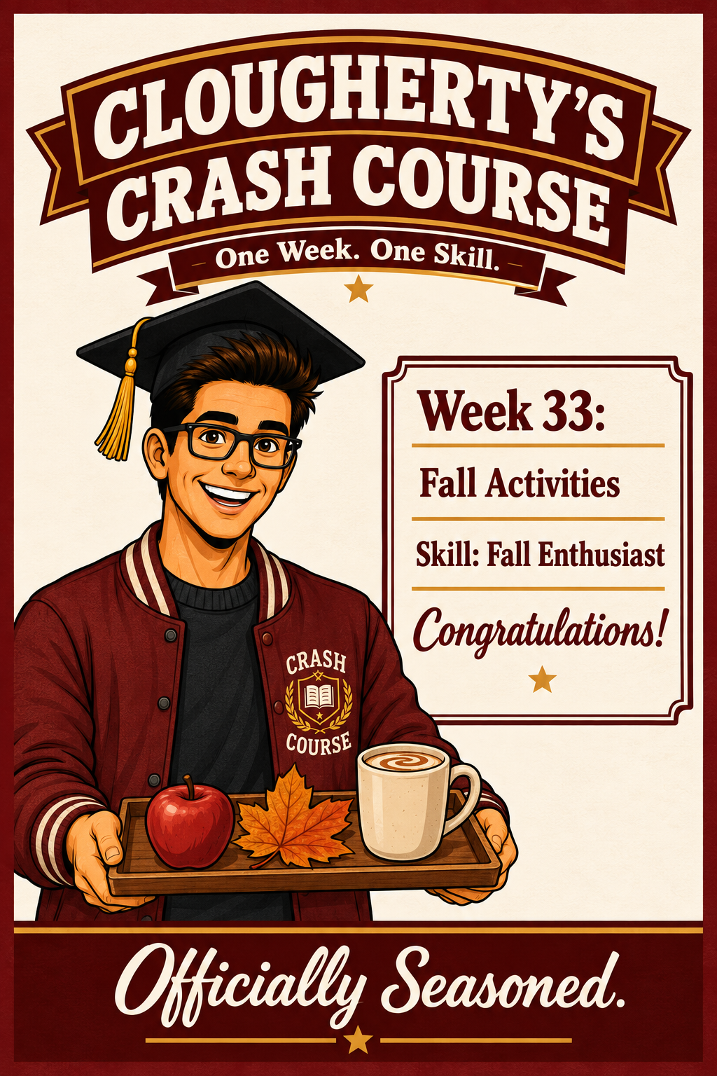 Illustrated Week 33 Fall Activities challenge with John holding an apple and a warm mug beside colorful leaves