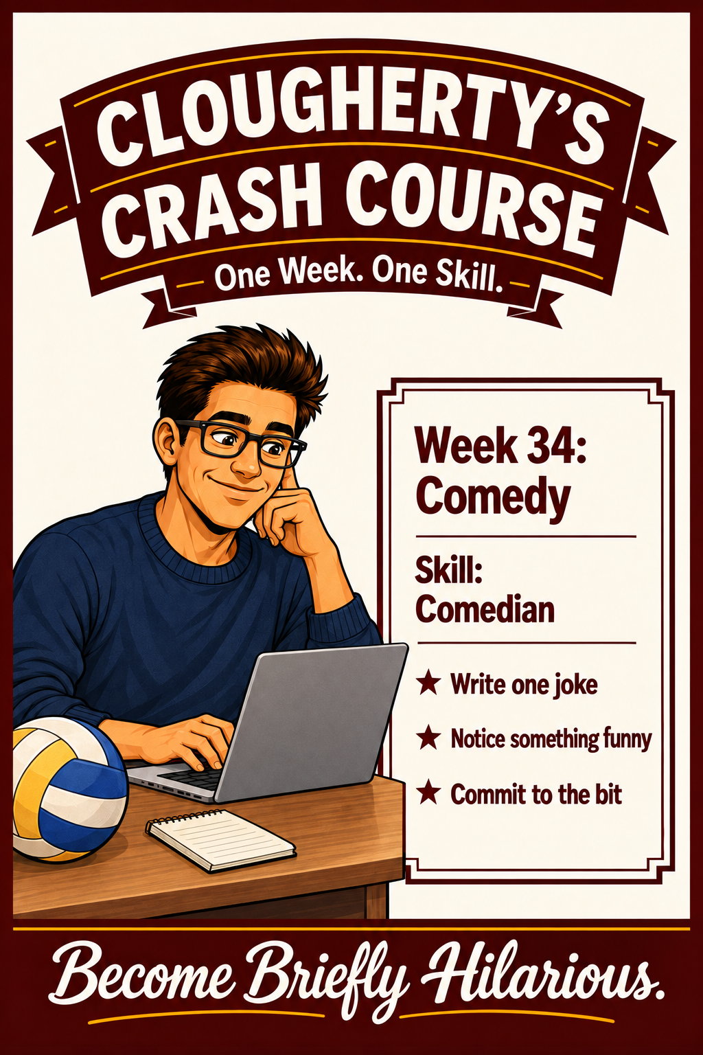 Illustrated Week 34 Comedy challenge with John writing a parody article at a laptop beside a volleyball