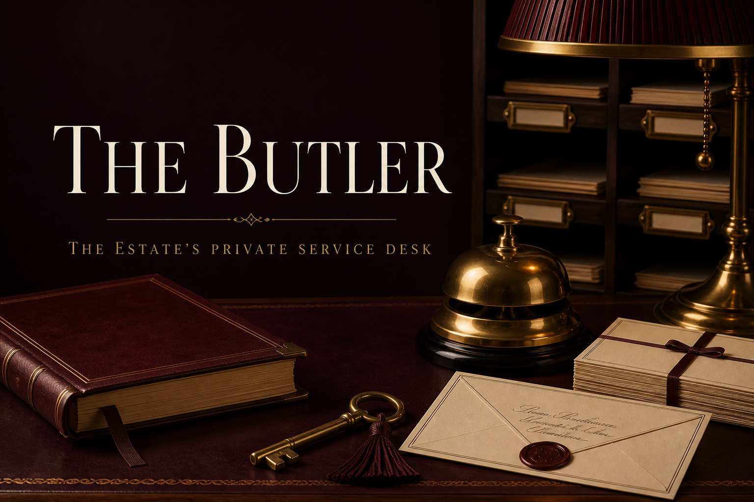 The Butler’s burgundy desk with a brass bell and dispatch book
